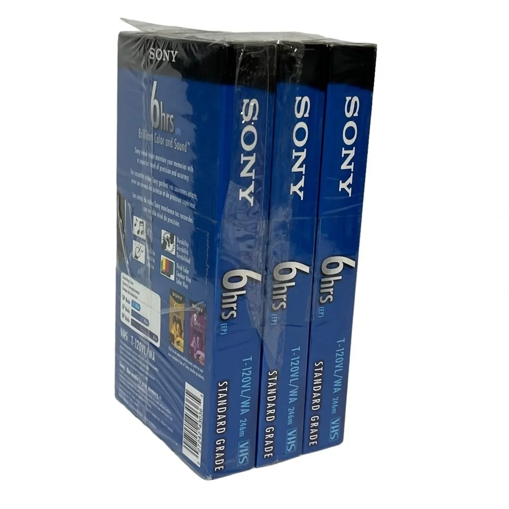 SONY Standard Grade Blank VHS Tapes 6 Hours T-120 3 Pack Brand‎ New & Sealed EP
